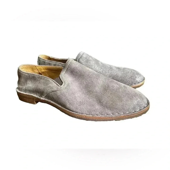 Trask Womens 6.5 Ali Gray Tan Sueded Leather Loafers Metallic Vibram Sole - Picture 2 of 11